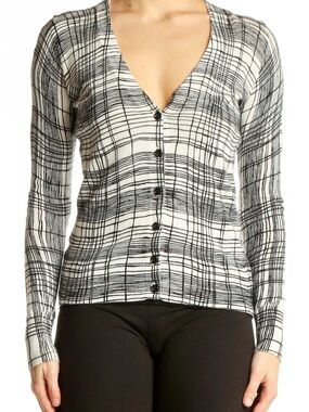 LOFT Cream and Black Grid Knit Cardigan